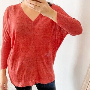 Eileen Fisher Sweater Burnt Orange Linen Dolman Tunic V-Neck Knit Small